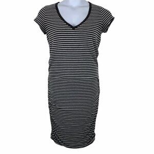 Athleta Size Medium Dress Striped Gray Black V Neck Ruched Bottom Sides
